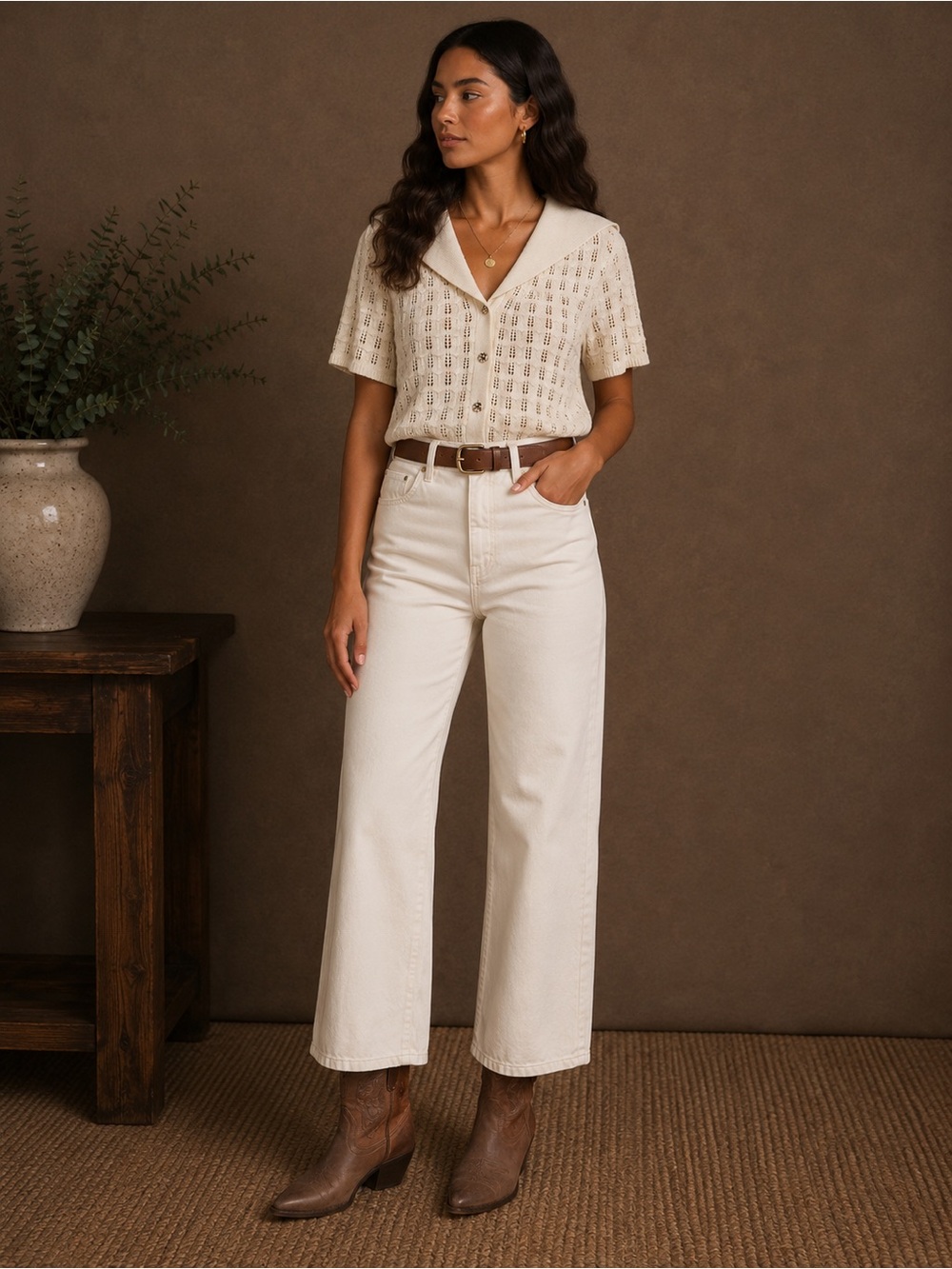 Astr Cream Knit Collared Cardigan